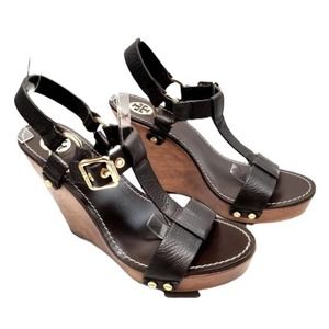 Tory Burch Beckett Denim Wooden Wedge Sandals